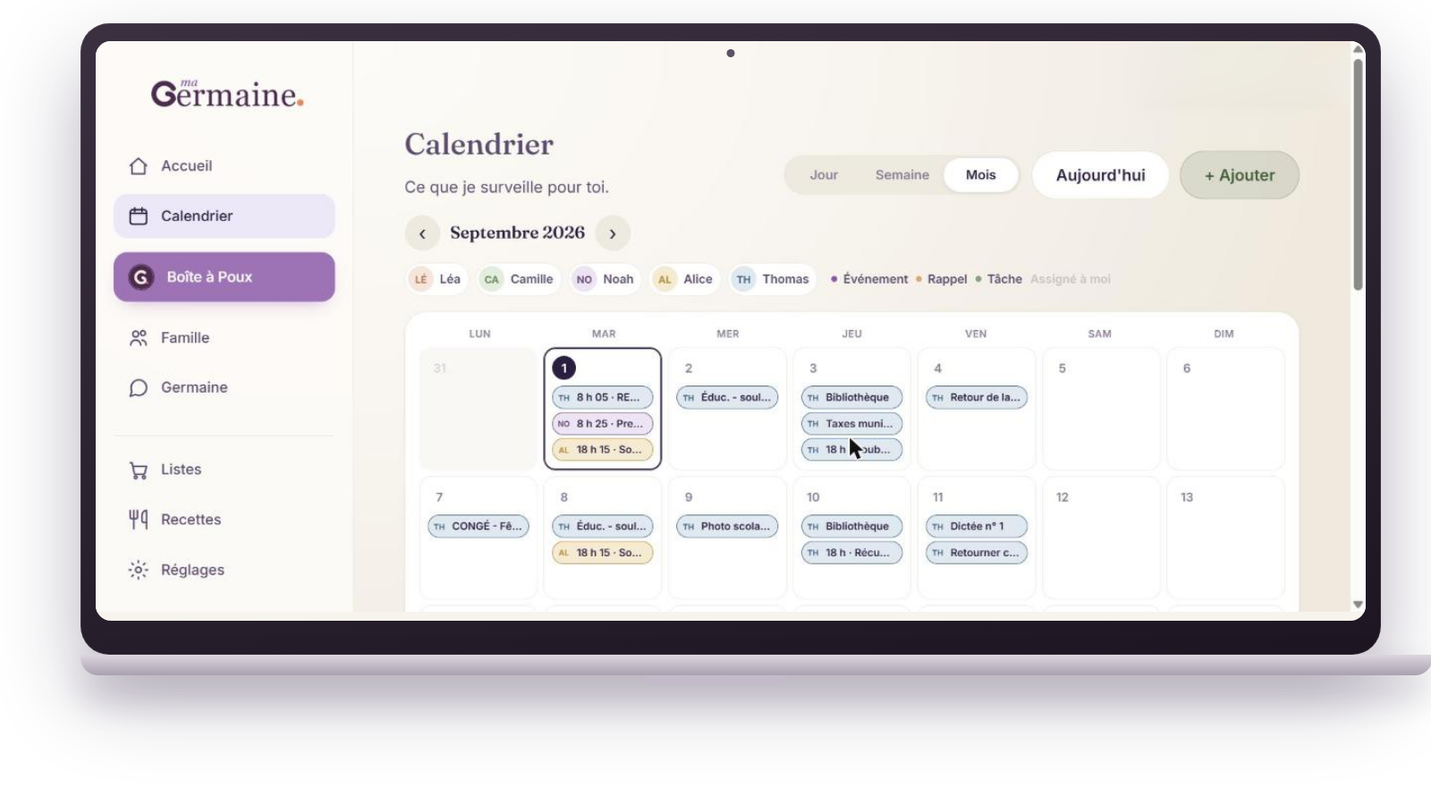 Ma Germaine sur un ordinateur portable : le calendrier familial de septembre, rempli automatiquement
