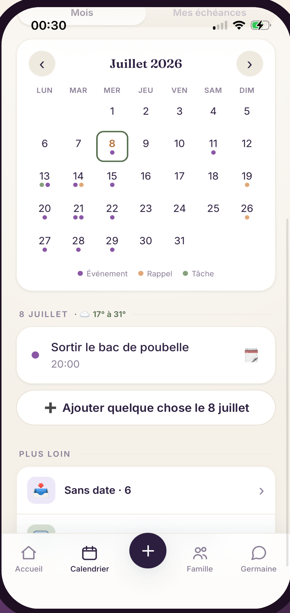 Le calendrier de Ma Germaine, rempli automatiquement à partir de ce que vous déposez