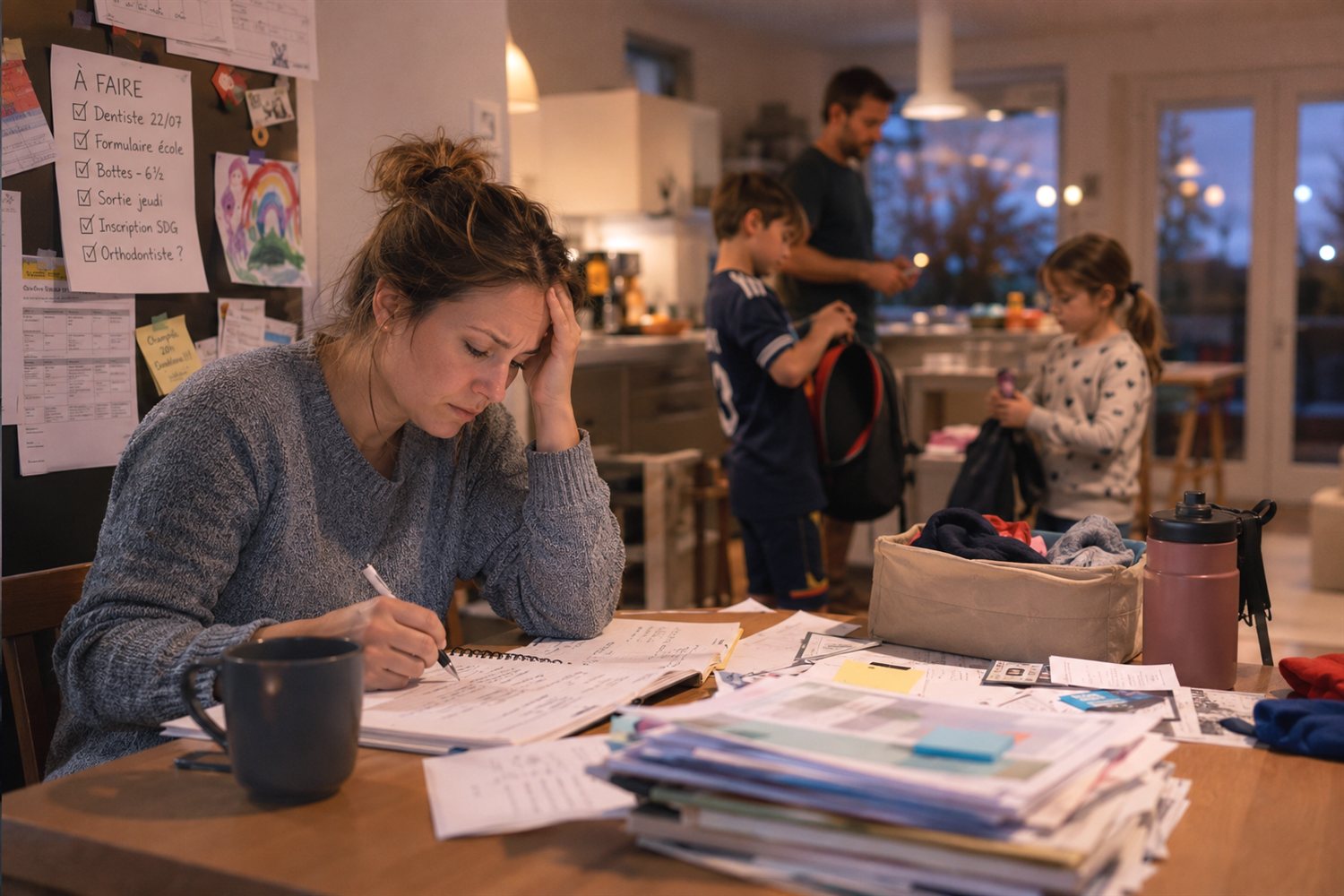Une mère débordée par les papiers et une liste « À faire », à la table de cuisine le soir