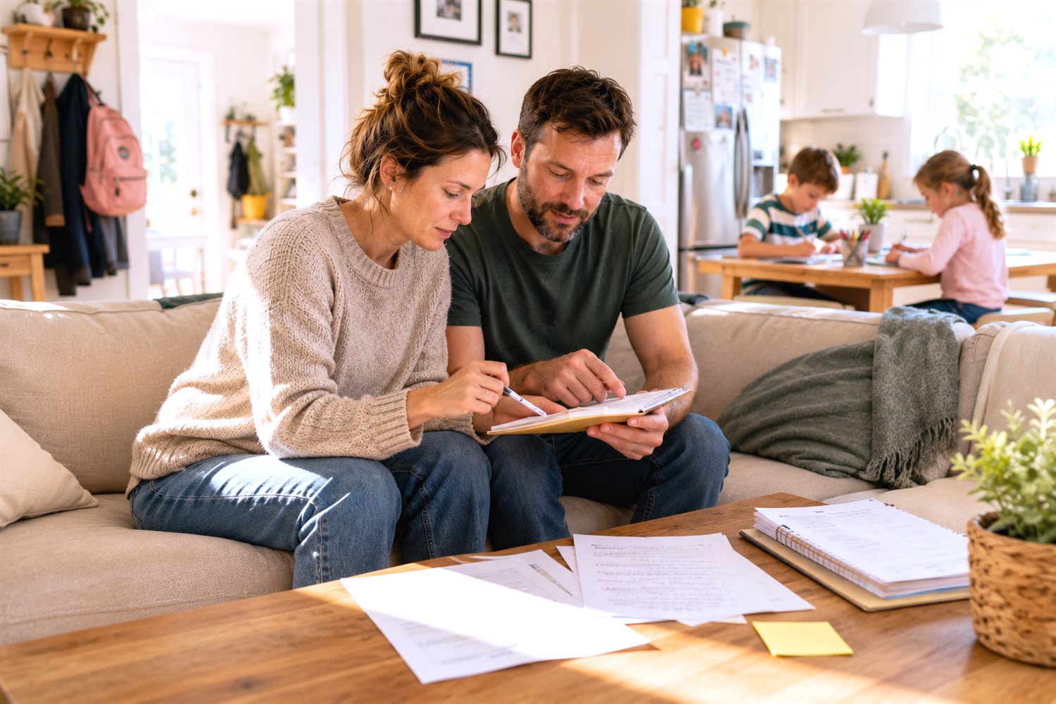 Un couple planifie ensemble la semaine sur le divan pendant que les enfants font leurs devoirs