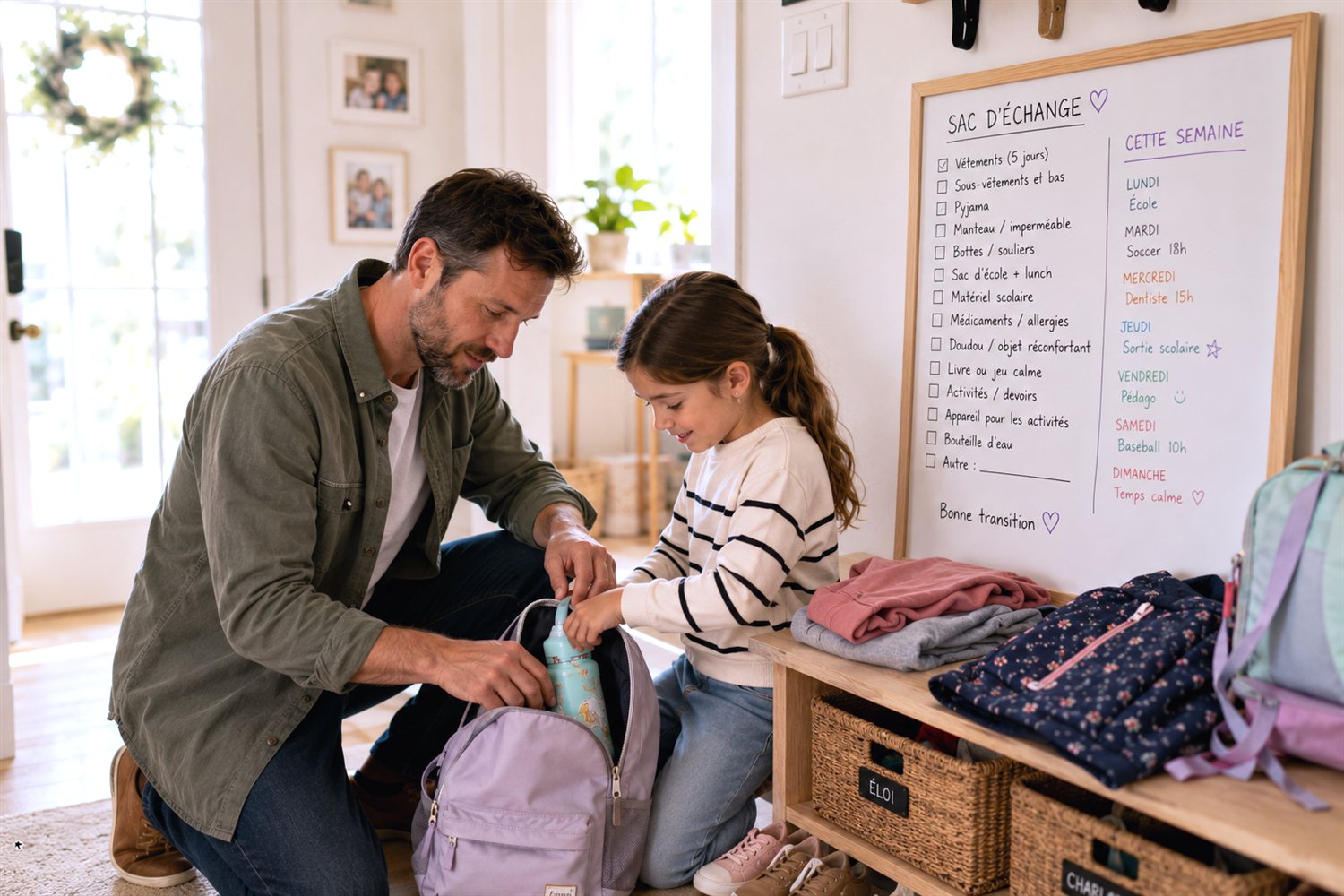 Un père et sa fille préparent le sac d'échange pour la transition entre les deux maisons