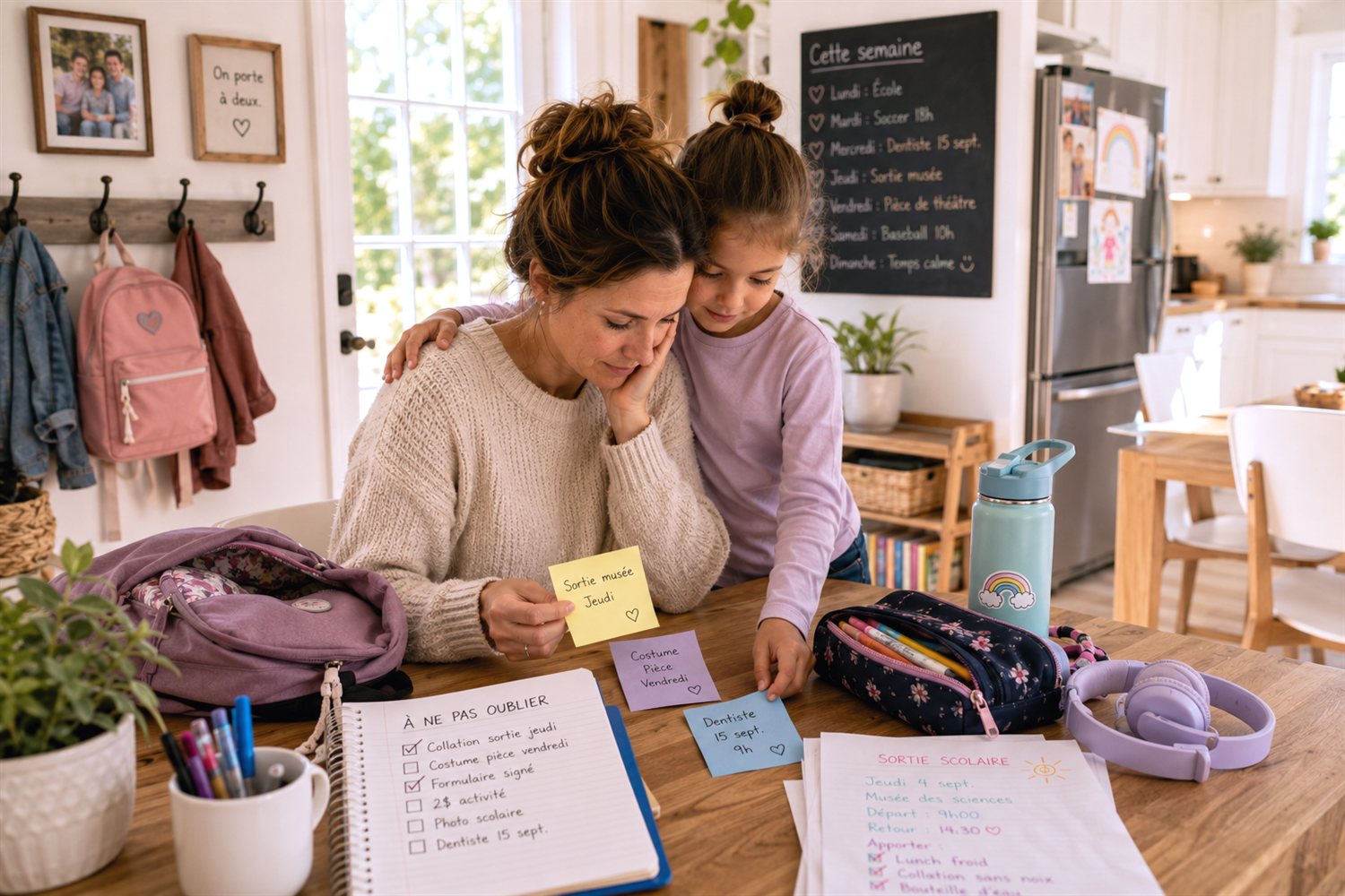 Une mère émue et sa fille qui la réconforte, entourées de post-its et de rappels