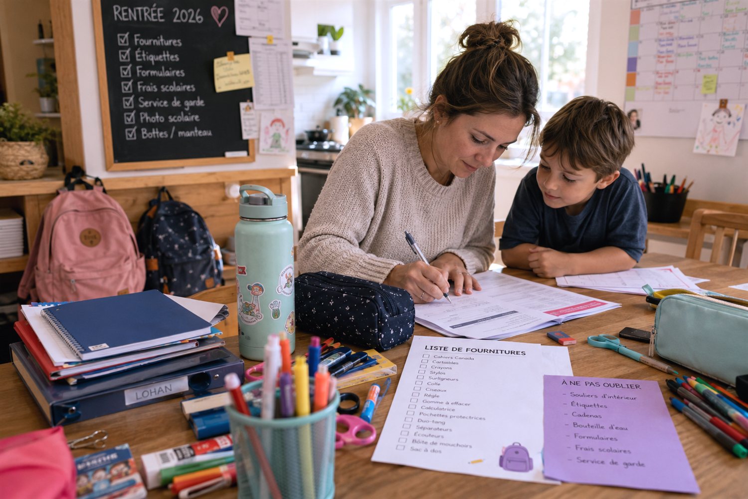 Une mère et son fils préparent la rentrée scolaire avec la liste de fournitures