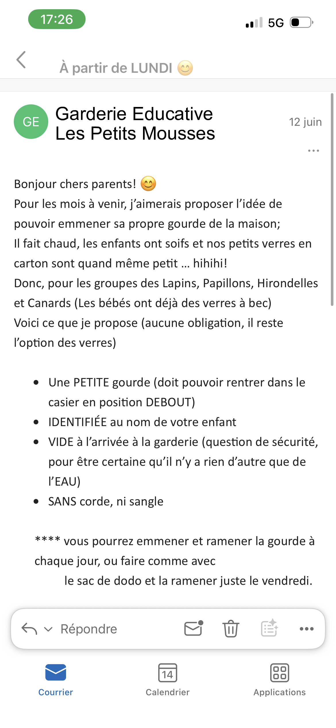 Courriel de garderie déposé